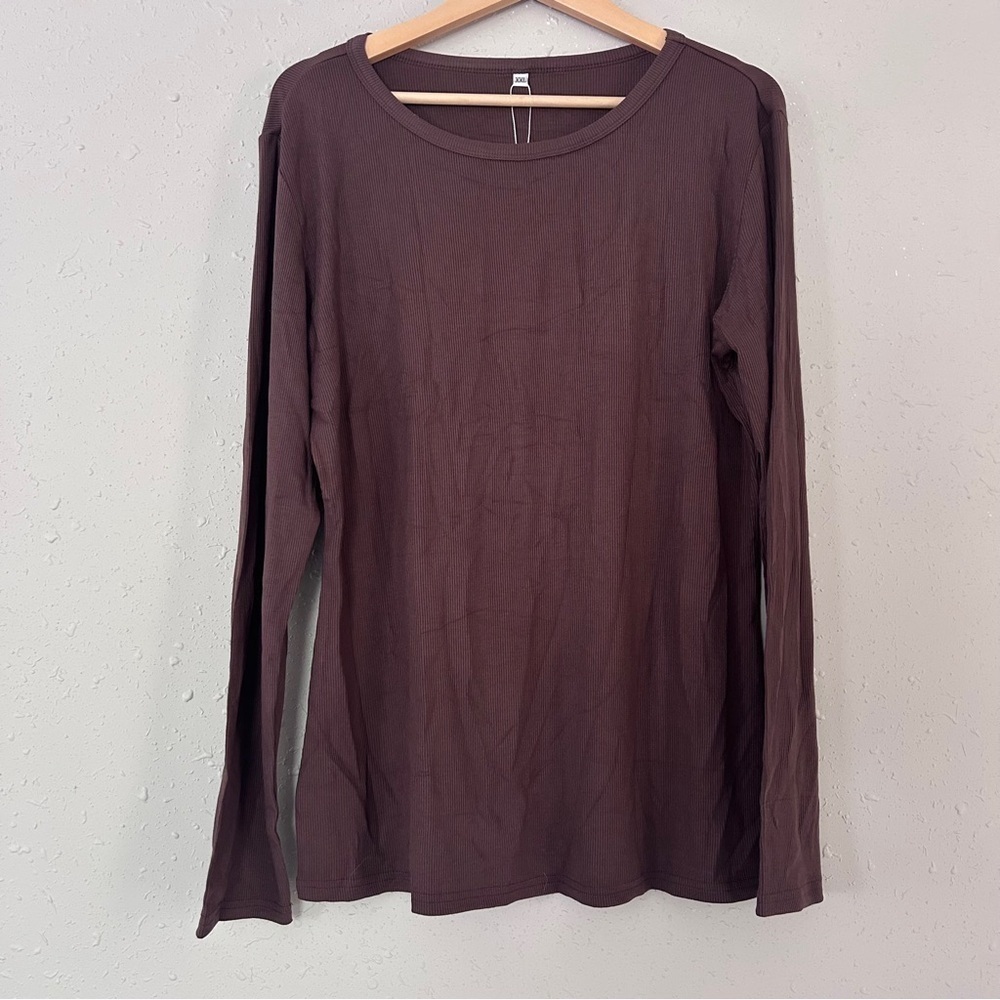 NWT Brown Ribbed Lightweight Long Sleeve Women's Top Blouse Casual XXL